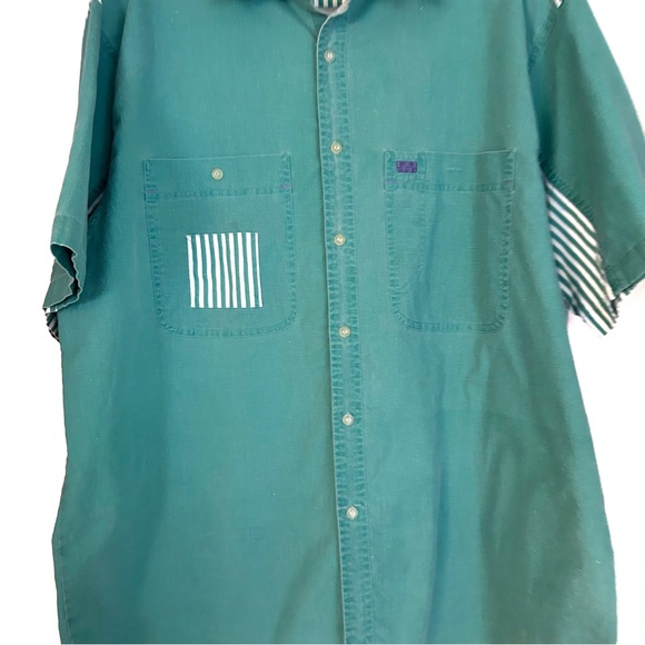 Vintage Van Heusen Teal Green Men’s Button Up T Shirt White Stripes XL Cotton - Picture 5 of 13